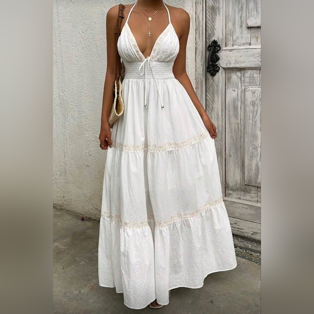New Boho Embroidered Tie Halter Tiered Maxi Dress White Tan - Picture 3 of 11